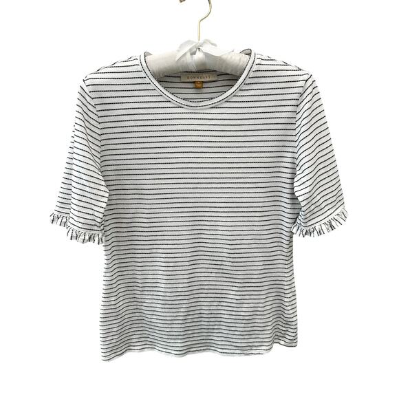 DOWNEAST | White Black Stripe Ruffle Sleeve Tee Top | Medium - Picture 1 of 7